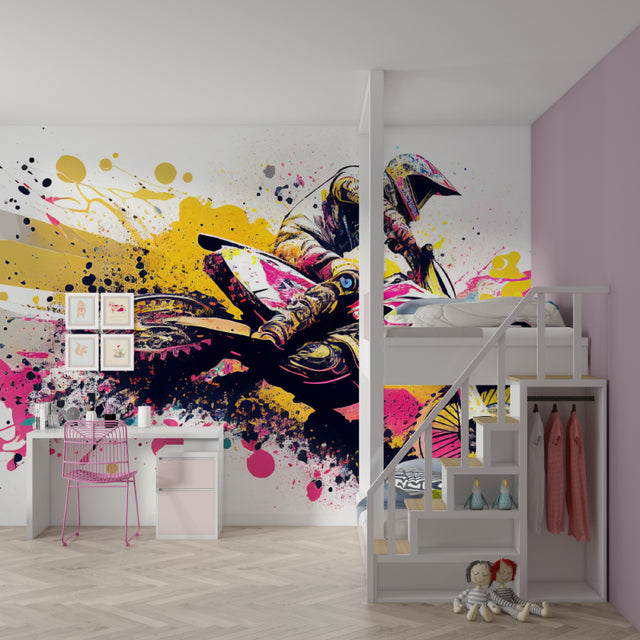 Motocross wallpaper bringing urban style to a modern teen bedroom with pink and yellow accents