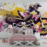Dynamic motocross art wallpaper transforming a home gym with bold colors