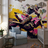 Urban art wallpaper featuring motocross design in a modern living space