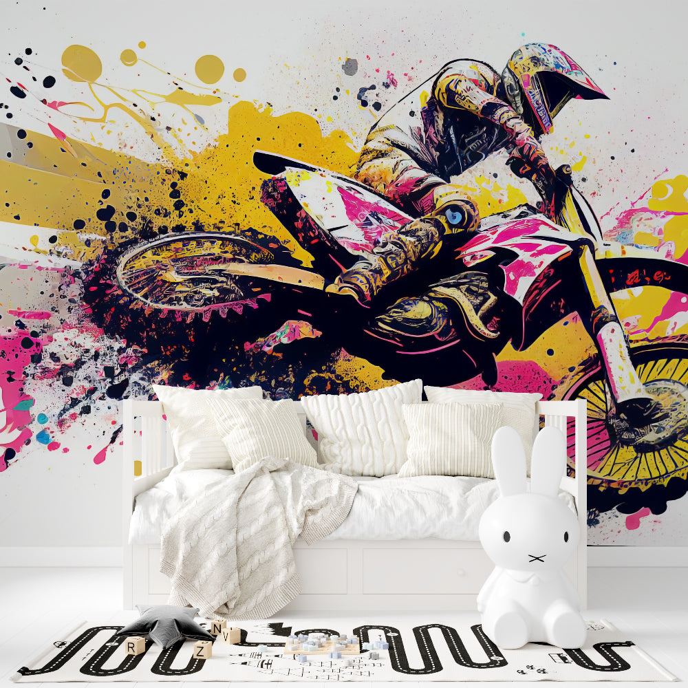 Street art style motocross mural adding energy to an office space