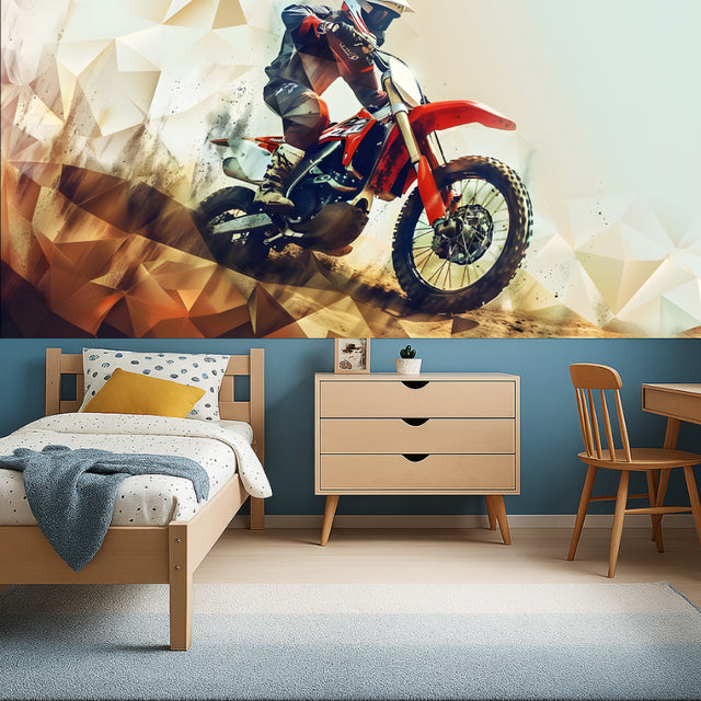 Motocross wallpaper bringing energy to a modern teen bedroom with gaming setup