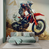 Sports wall mural showcasing dynamic motocross action in a stylish home office