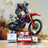 Motorcycle wall design creating bold impact in an urban living room space