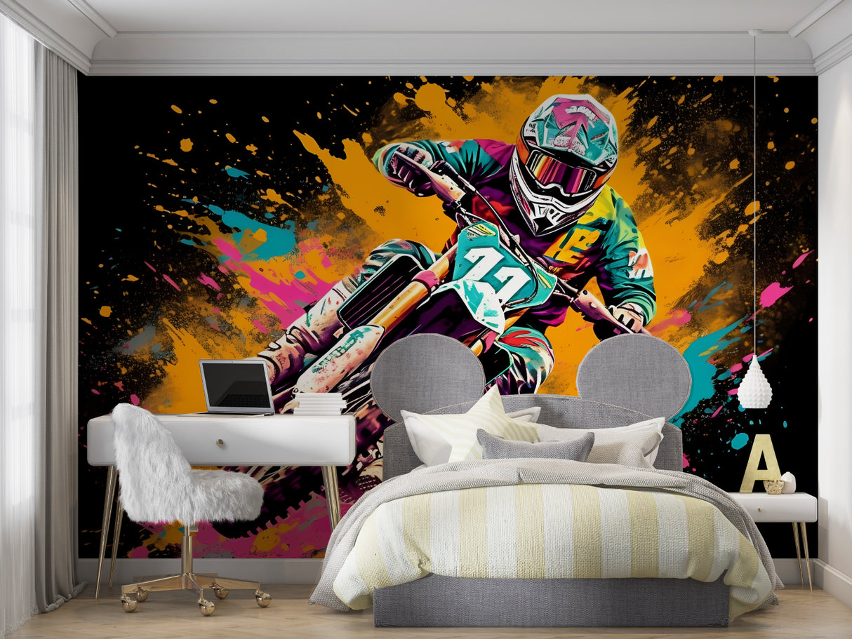 Motocross graffiti wall mural bringing urban edge to a modern teen bedroom with neon gaming setup