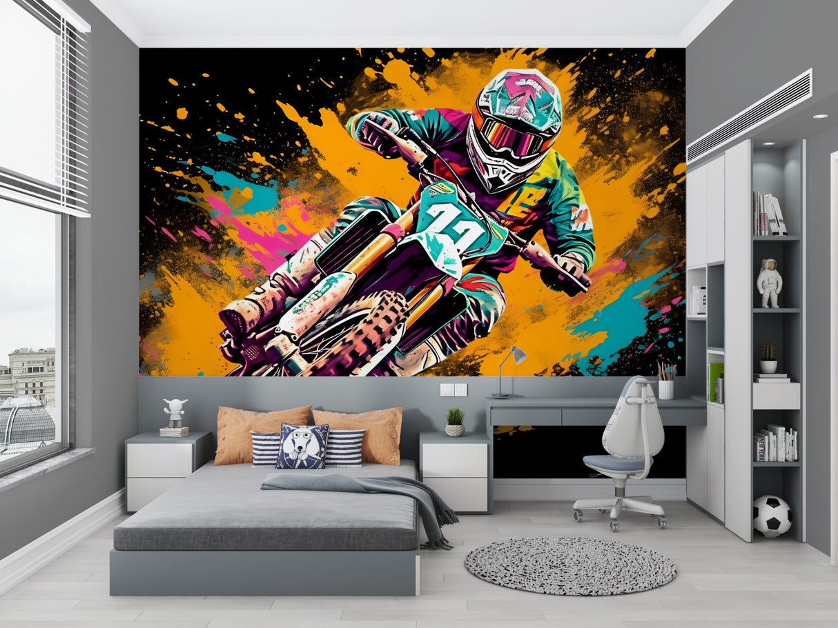 Street art motocross wallpaper transforming a home gym with bold graffiti style and dynamic colors