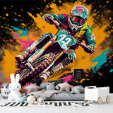 Graffiti motocross wallpaper adding street style to a modern living room accent wall