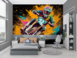 Motocross graffiti wallpaper bringing urban style to a modern teen bedroom with orange and turquoise accents