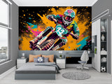 Motocross graffiti wallpaper bringing urban style to a modern teen bedroom with orange and turquoise accents