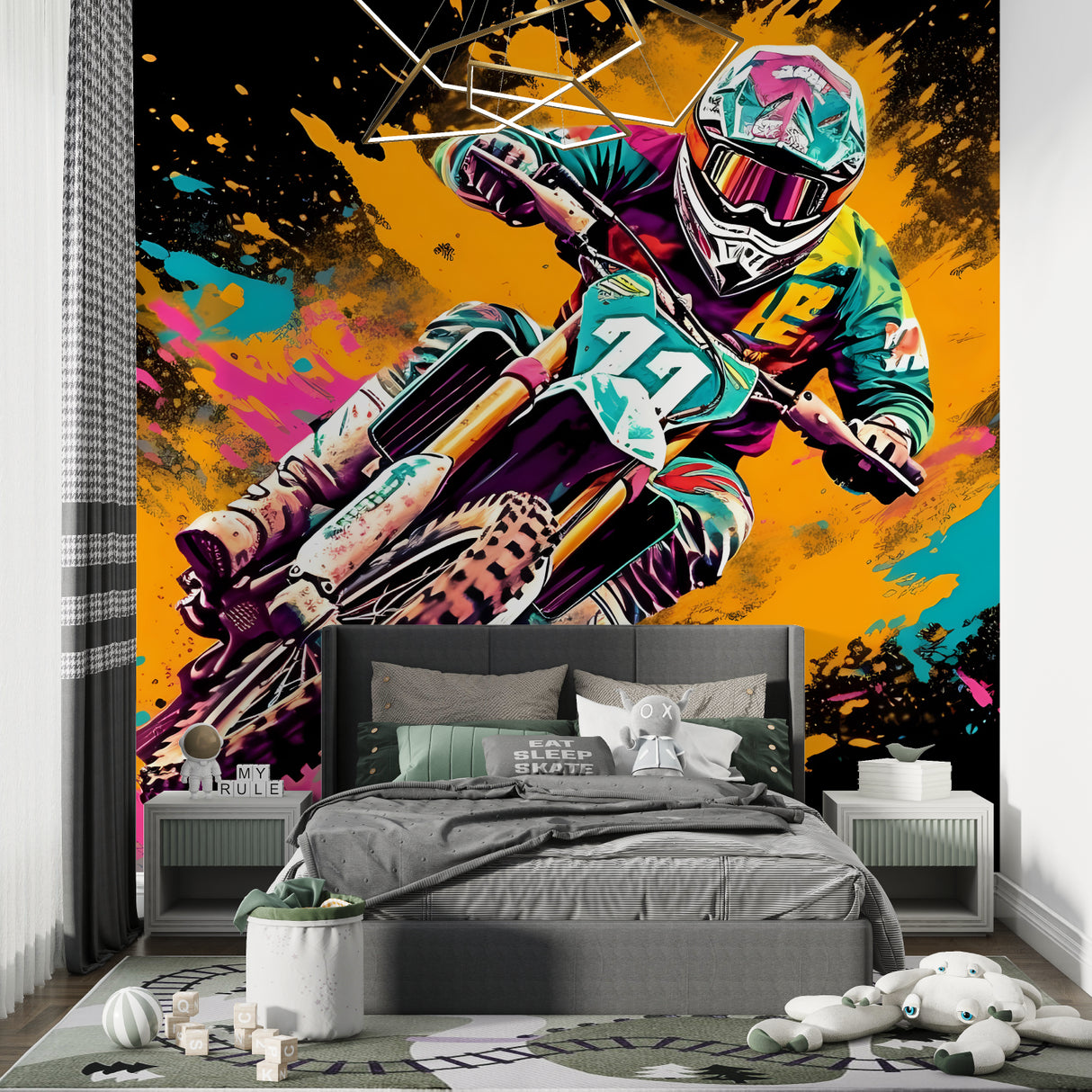 Graffiti motocross wallpaper energizing a home gym with bold colors and urban flair