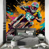 Graffiti motocross wallpaper energizing a home gym with bold colors and urban flair