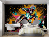 Street art motocross wallpaper adding character to a recreation room with vibrant energy