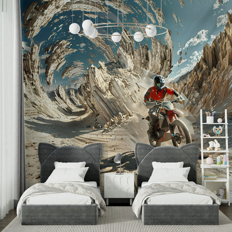 Motocross wallpaper bringing energy to a modern teen bedroom with blue and beige accents
