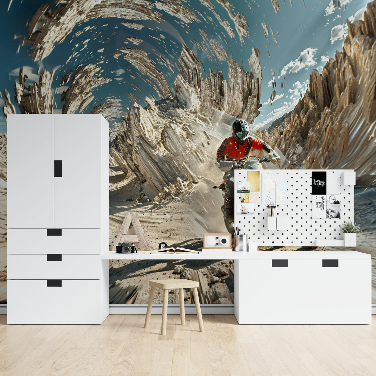 Sports mural transforming a game room with dynamic mountain motocross scene
