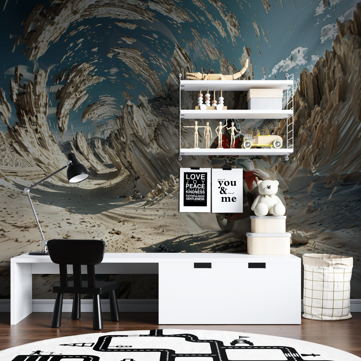 Mountain sports mural adding excitement to a kids playroom
