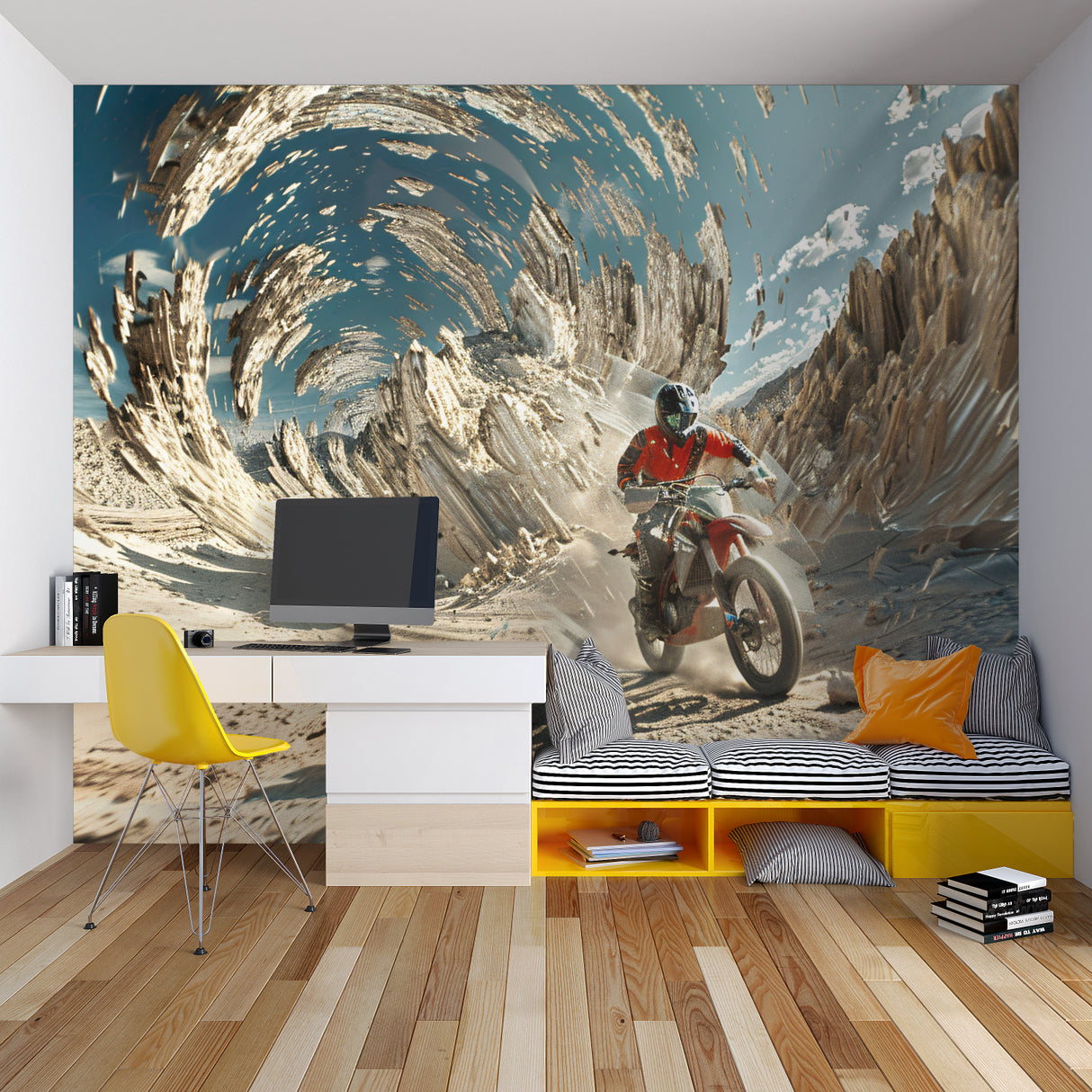 Extreme sports wallpaper making a statement in a modern living room