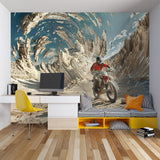 Extreme sports wallpaper making a statement in a modern living room
