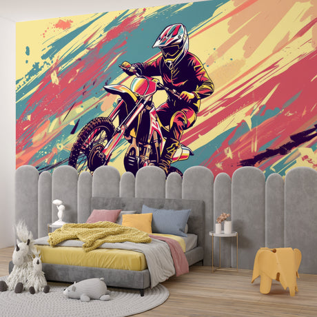 Motocross wallpaper bringing energy to a modern teen bedroom with gaming setup