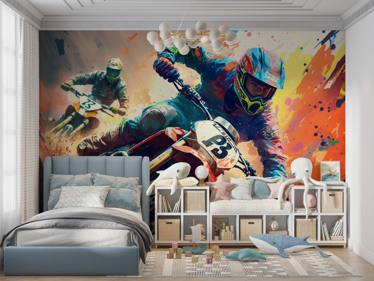 Motocross racing wallpaper bringing energy to a modern teen bedroom with gaming setup
