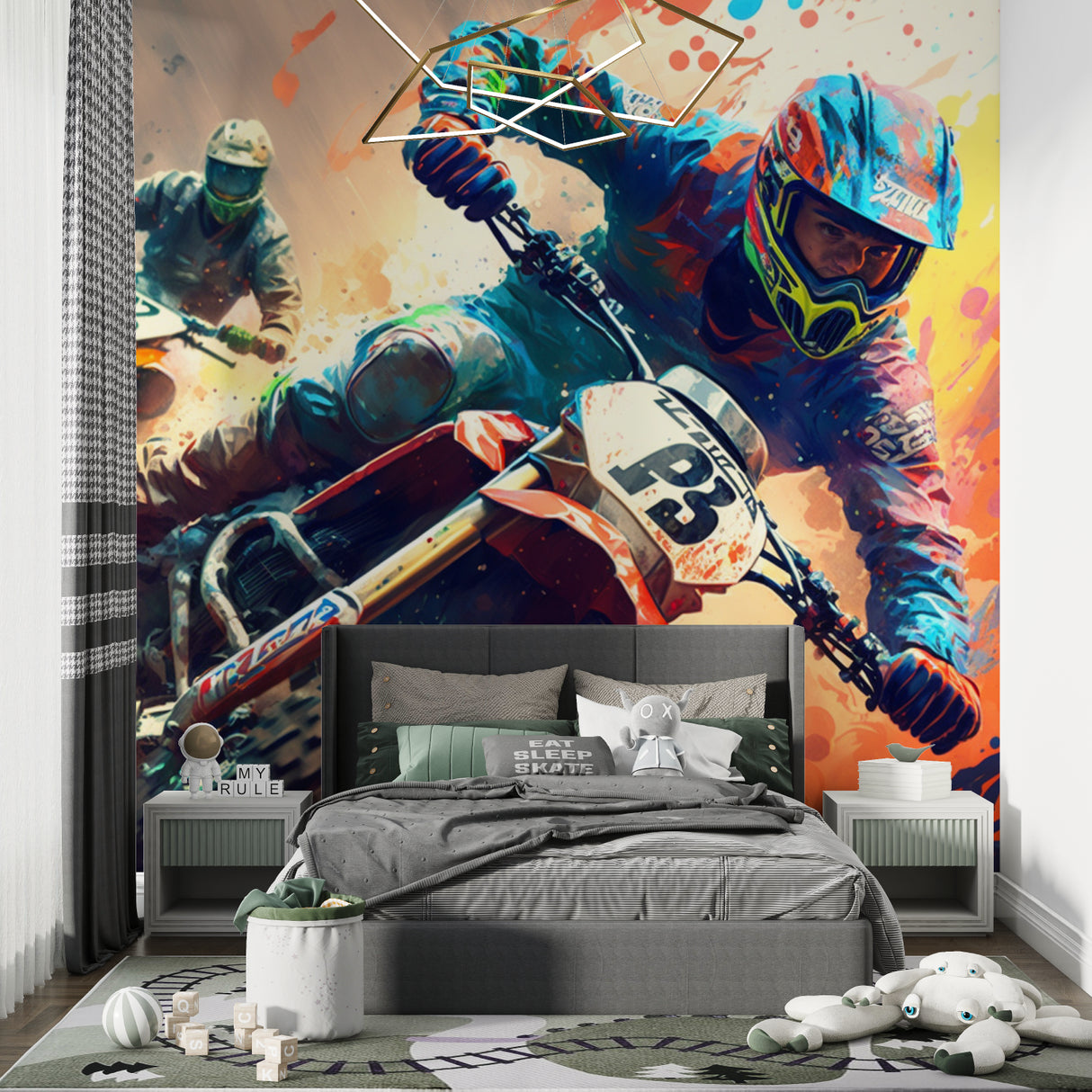 Dynamic sports mural in an urban style game room with pool table