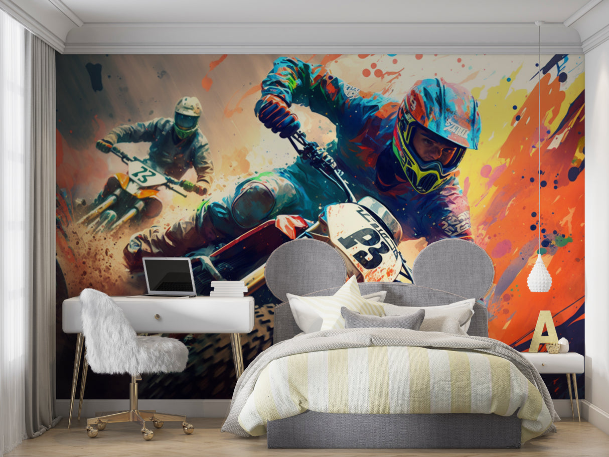 Motocross graffiti art mural in a cool hangout space with contemporary furniture