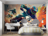 Motocross graffiti art mural in a cool hangout space with contemporary furniture