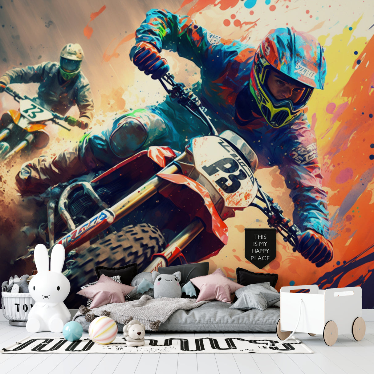 Sports action wallpaper creating atmosphere in a youth club recreation area