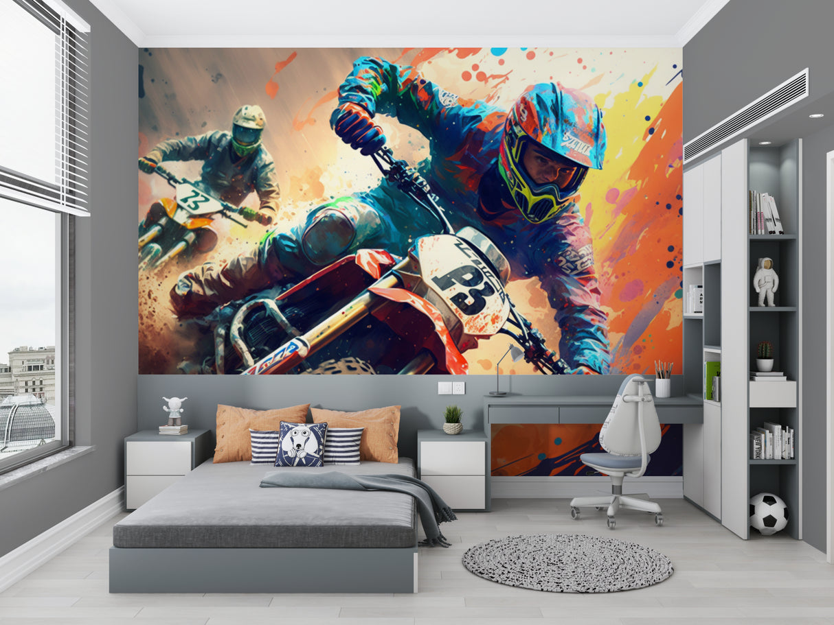 Racing mural adding excitement to a modern home gym space