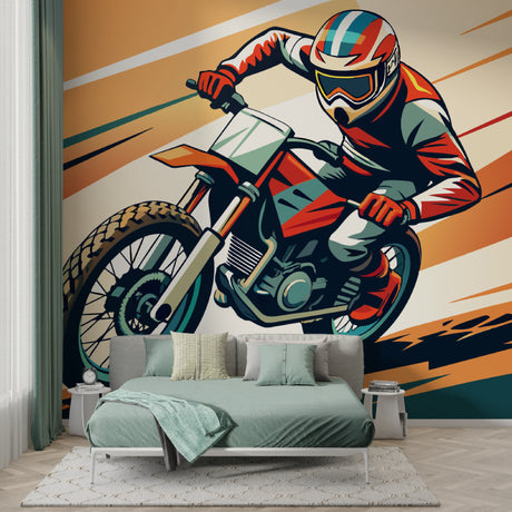 Motocross racing wallpaper bringing energy to a modern teen bedroom with orange and teal accents