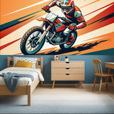 Dynamic motorcycle wall mural creating excitement in a stylish gaming room setup