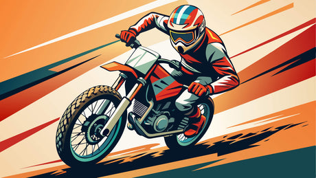 Design file showing detailed motocross racing illustration with vintage-inspired color scheme