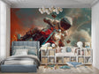 Motorcycle astronaut wallpaper bringing cosmic energy to a modern teen bedroom with blue LED lighting