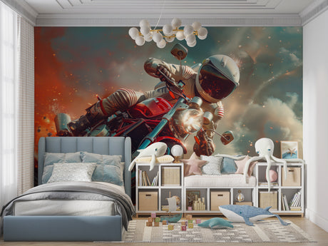 Motorcycle astronaut wallpaper bringing cosmic energy to a modern teen bedroom with blue LED lighting