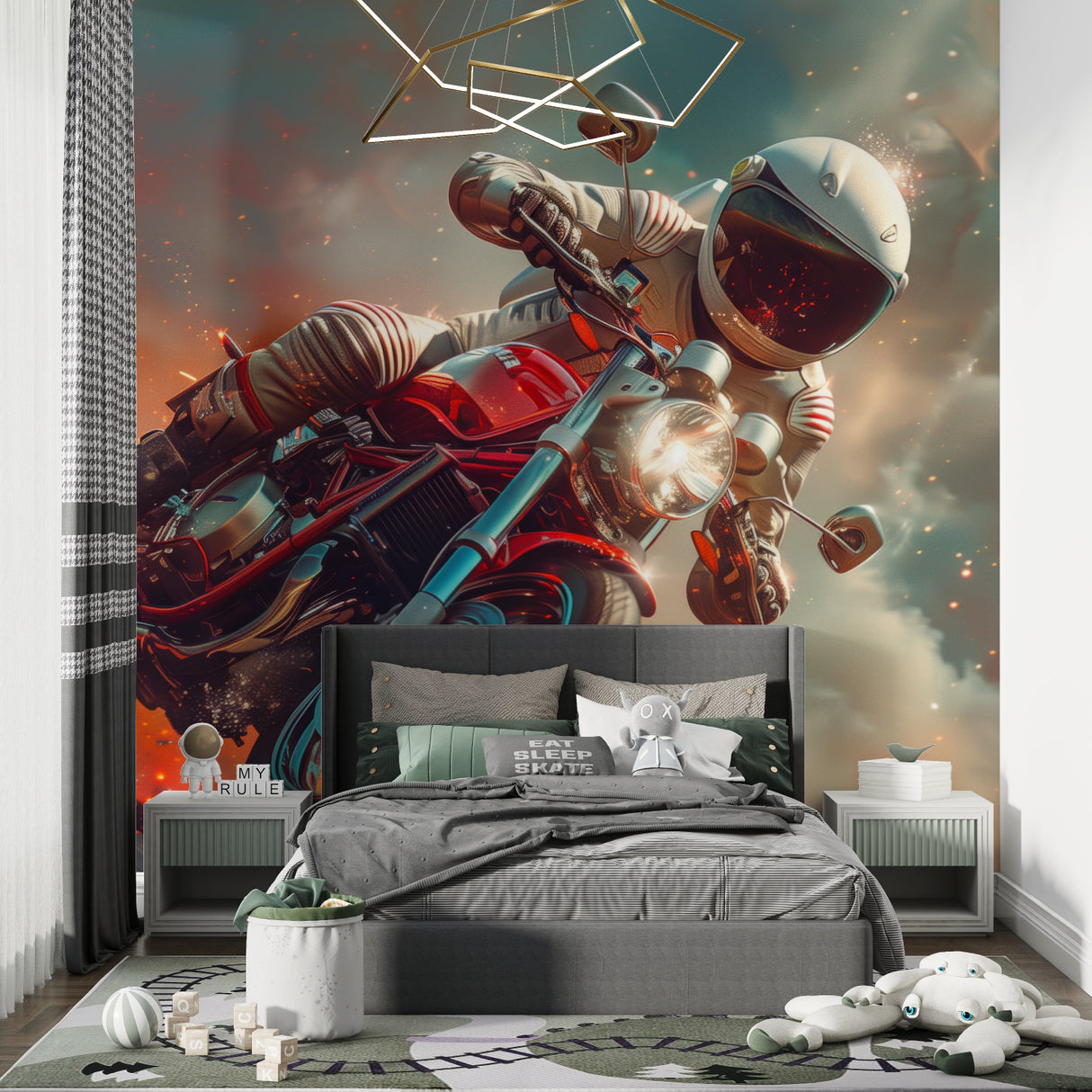 Space motorcycle mural installed in a gaming room with contemporary furniture