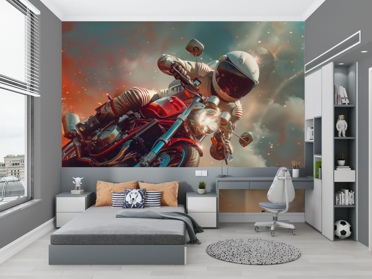 Dynamic motorcycle wallpaper transforming a home office with cosmic vibes