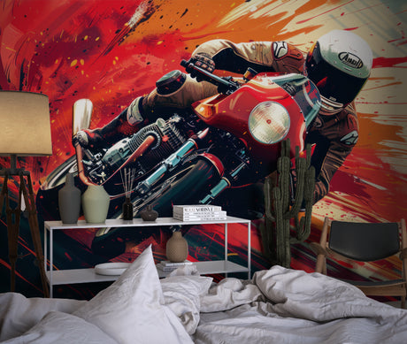 Motorcycle racing wallpaper in modern teen bedroom showing dynamic speed effect