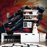 Sports bike mural bringing energy to stylish game room setup