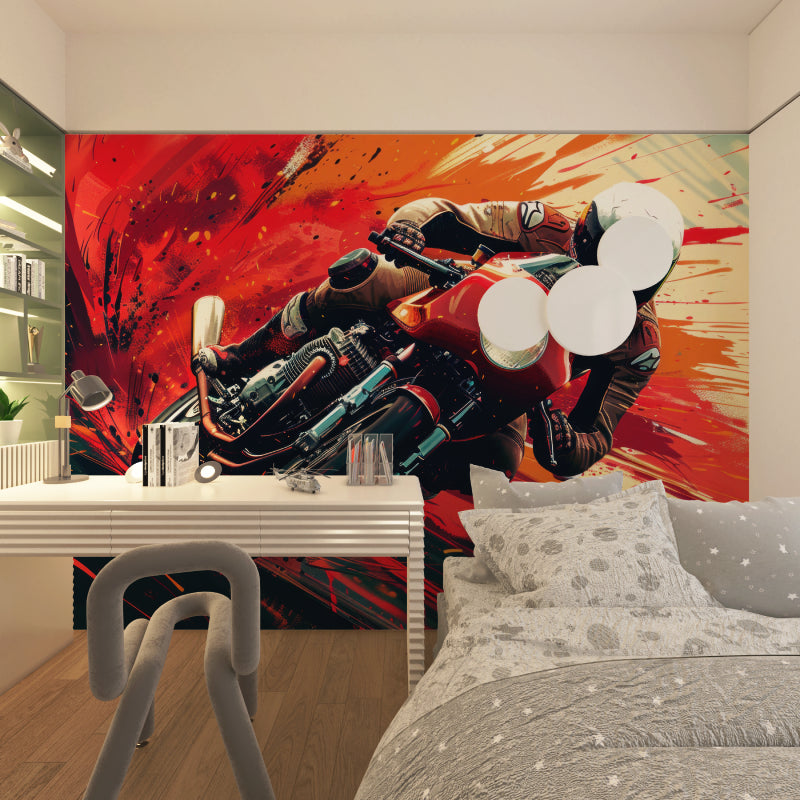 Racing motorcycle wallpaper creating bold statement in home office
