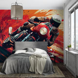 Dynamic motorcycle mural displayed in contemporary living room space