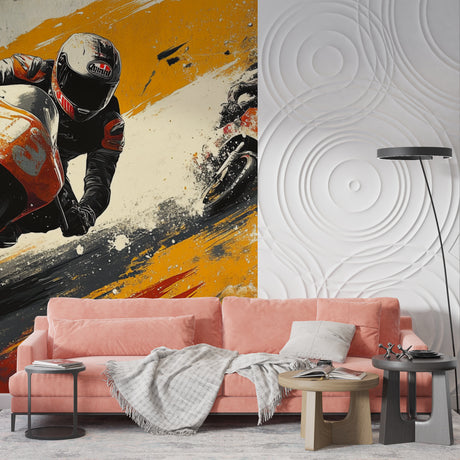 Motorcycle racing wallpaper in modern living room showing dynamic orange and black design with motion effects