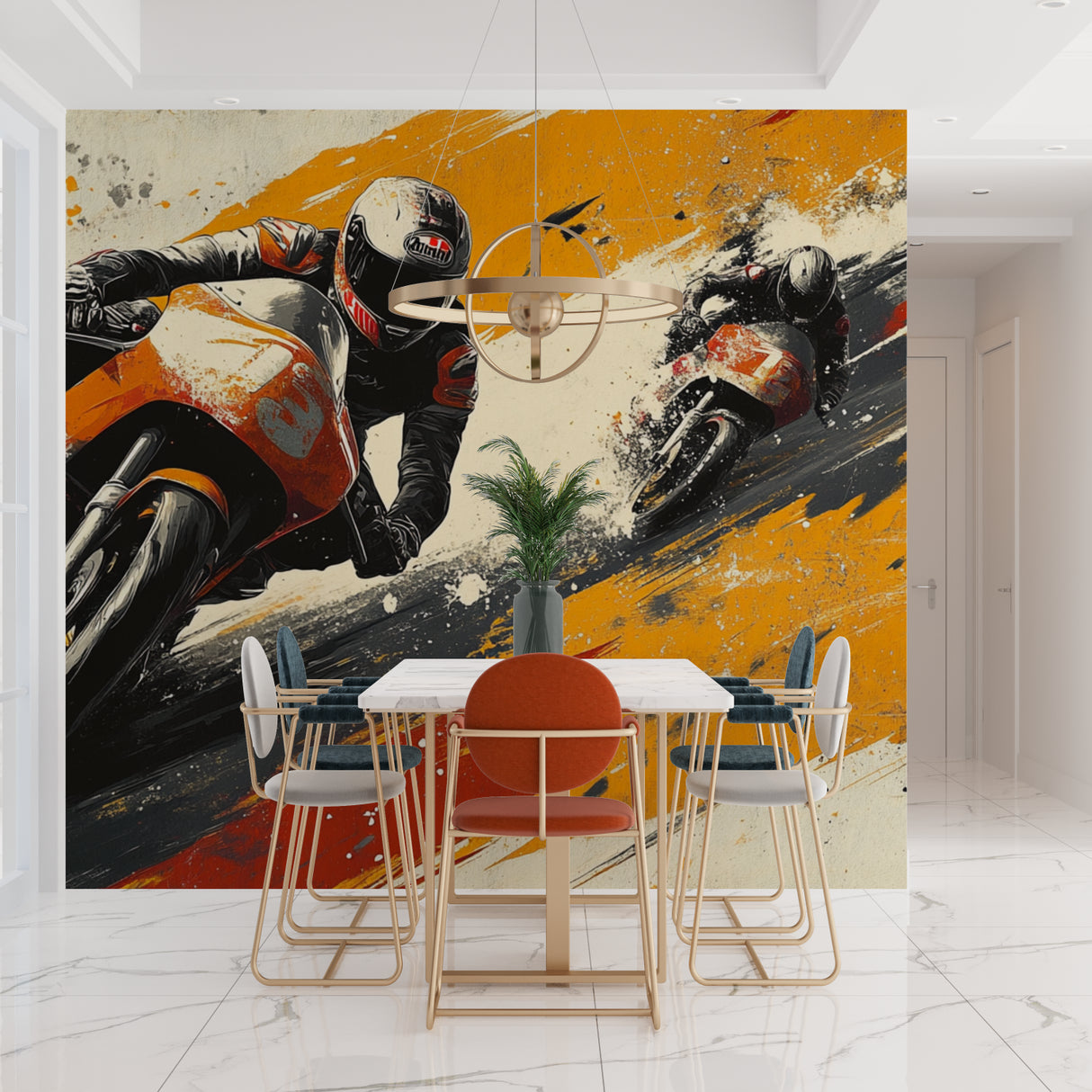 Sports wall mural featuring racing motorcycle in teen bedroom creating bold statement wall