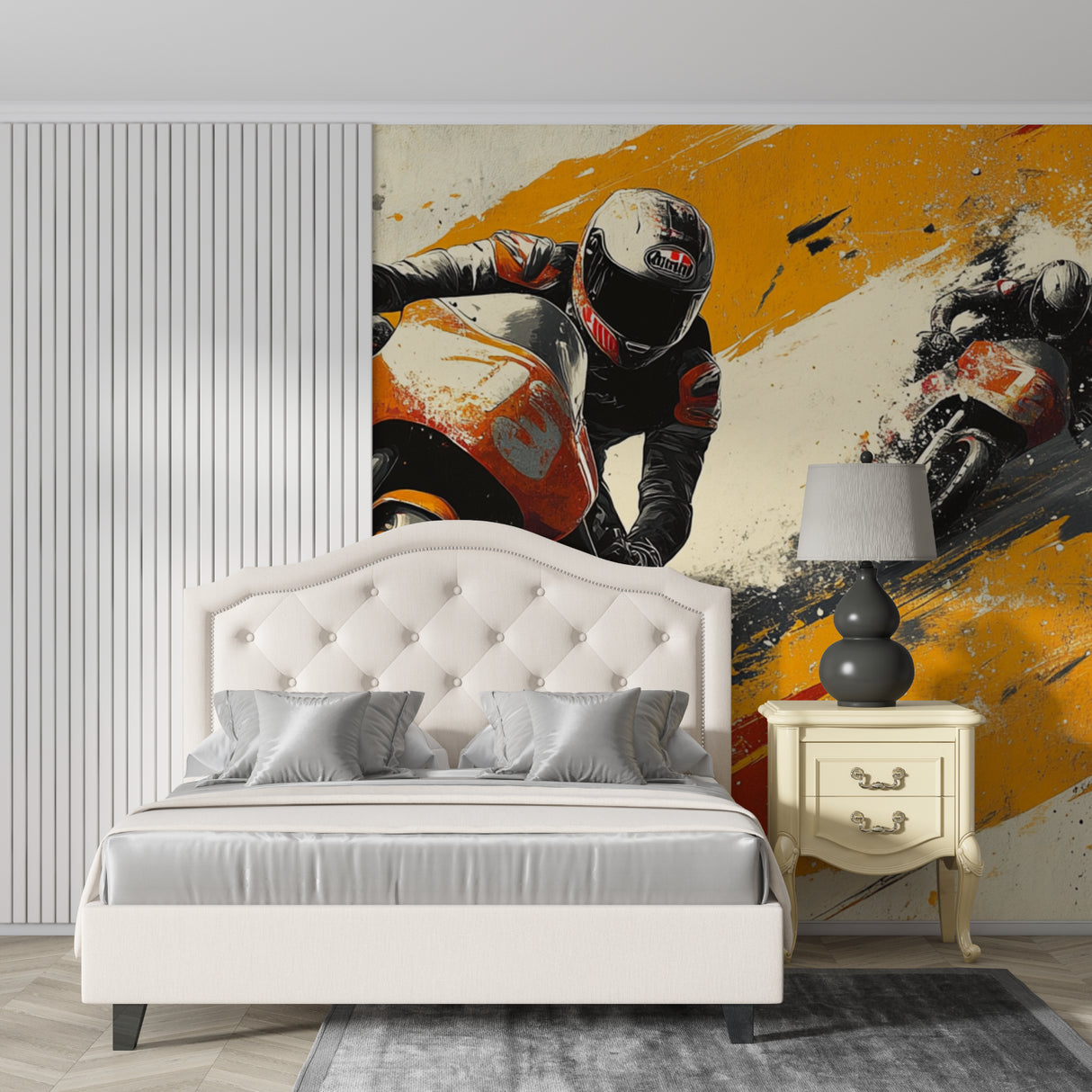 Racing motorbike wallpaper displayed in home office showing urban style and energy