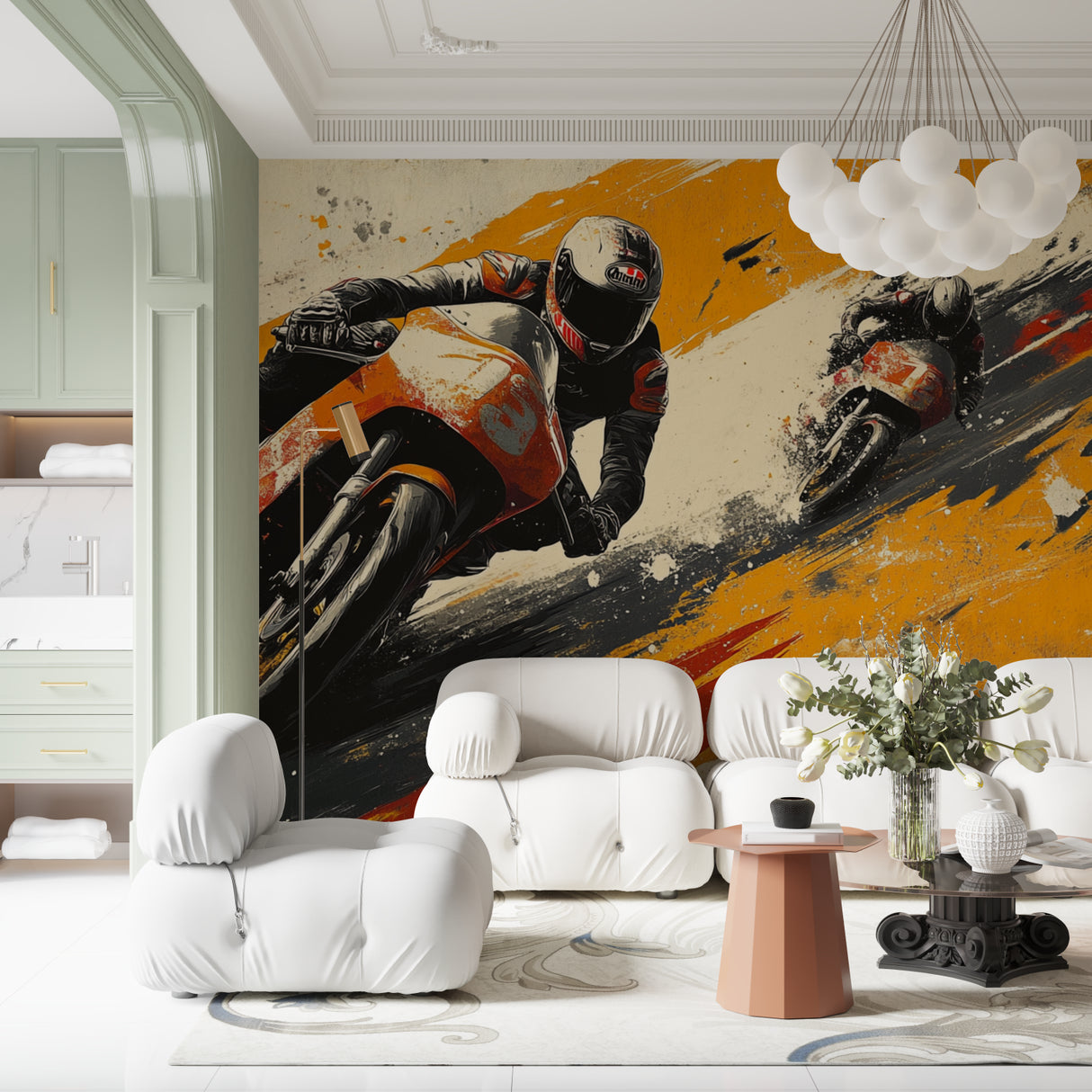 Motorcycle wall mural in game room showcasing speed and motion effects