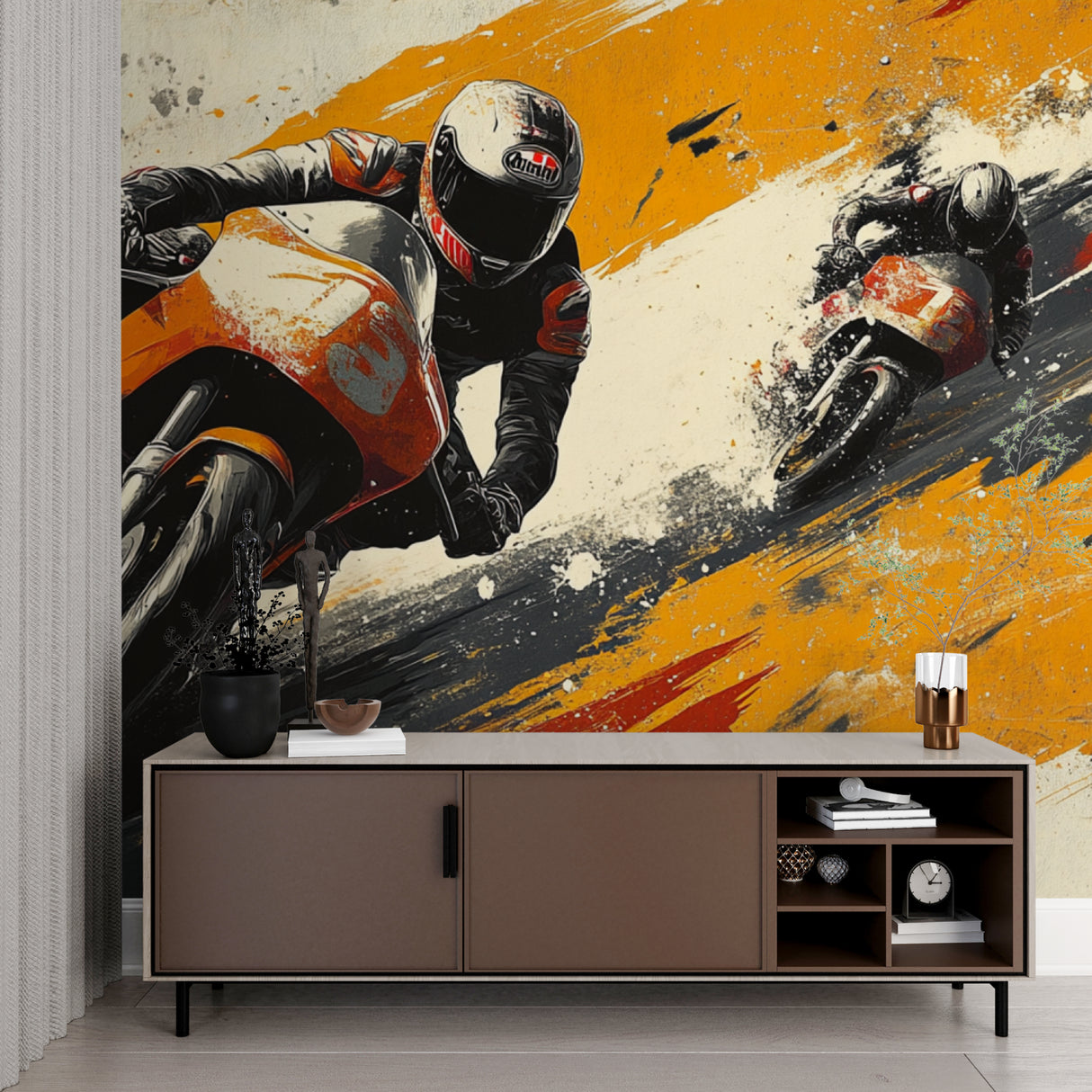 Sports themed wallpaper in man cave with dramatic racing motorcycle design