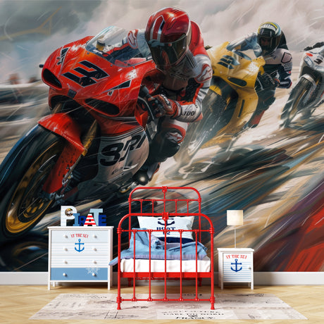Motorcycle racing wallpaper creating dynamic energy in a modern living room with grey sofa and metal accents
