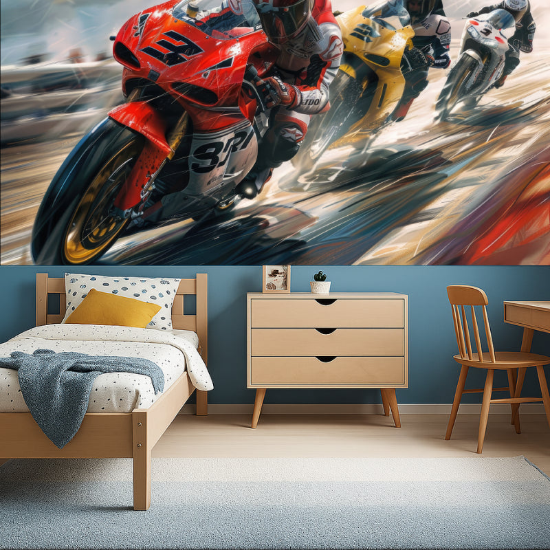 Sports themed motorcycle mural in a teen bedroom showing racing action and speed