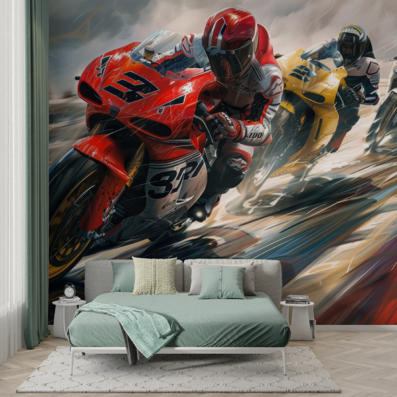 Dynamic motorcycle wallpaper installation in a game room with pool table and LED lighting
