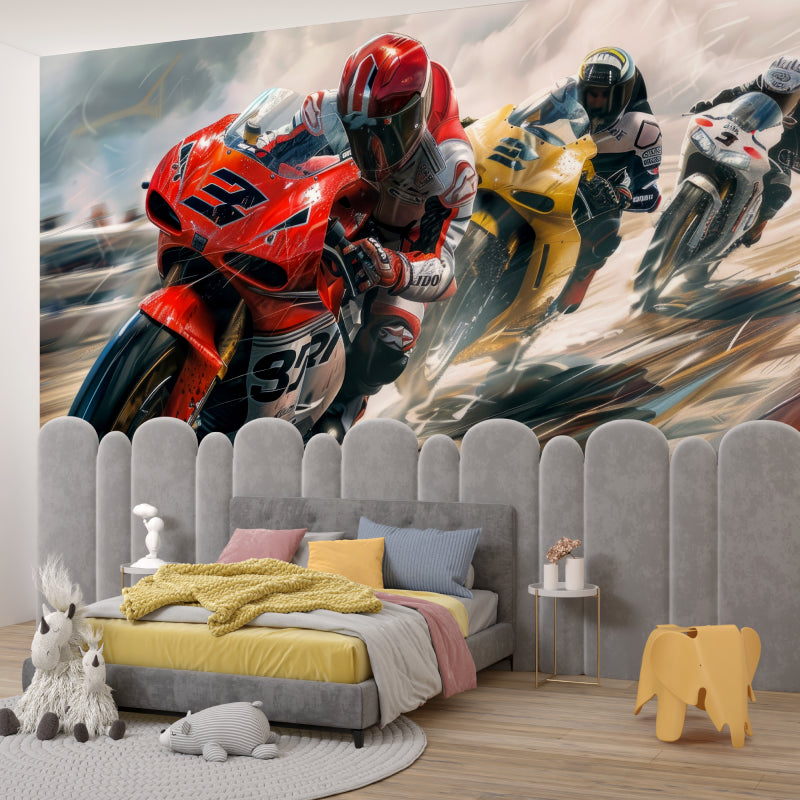 Racing motorcycle wall mural bringing energy to a man cave with leather furniture