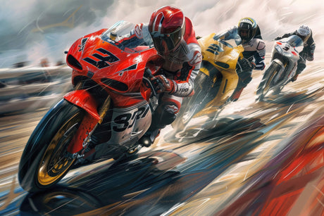 High-quality design file of motorcycle racing scene with vibrant red and yellow motion effects