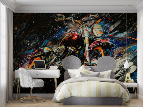Motorcycle splash art mural bringing urban edge to modern living room with dramatic lighting