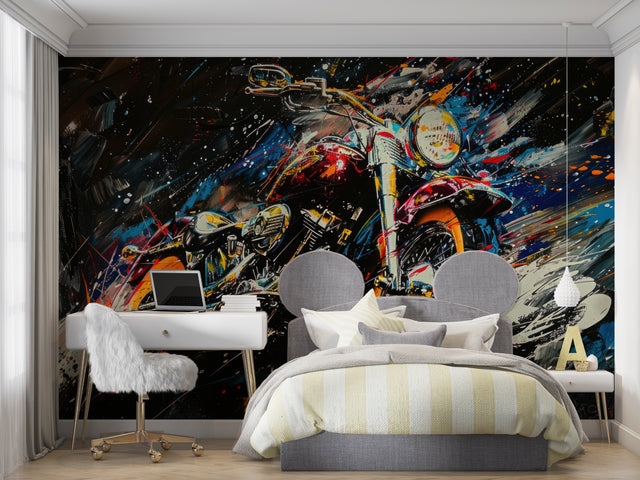 Motorcycle splash art mural bringing urban edge to modern living room with dramatic lighting